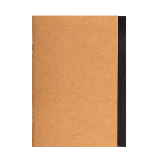 A kraft notebook with a black spine. The cover is simple and unmarked.