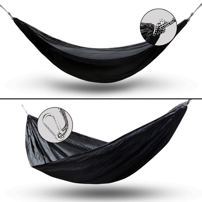 A black outdoor hammock with a looped attachment and a detailed view of the attachment point, featuring a logo.