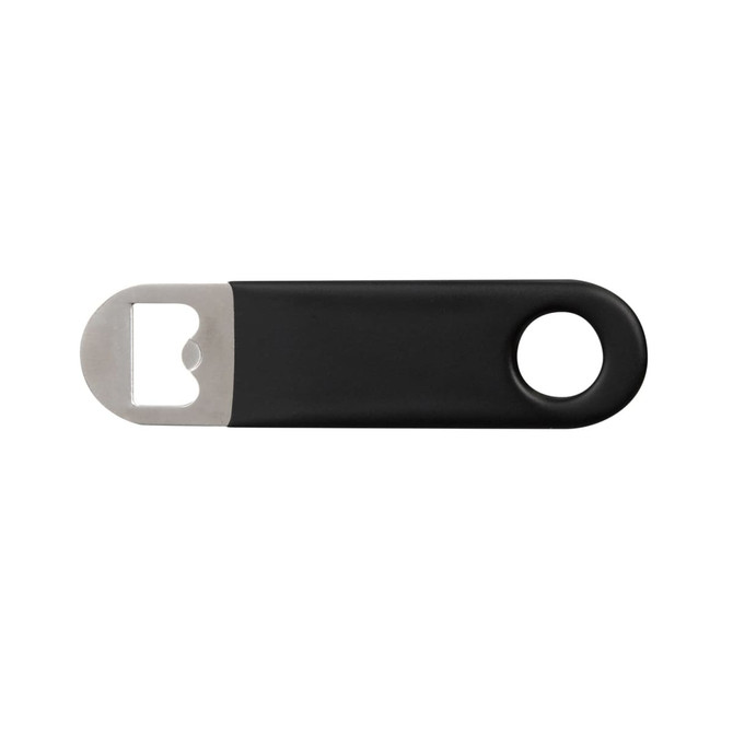 A drink bottle opener in black with a stainless steel head, featuring a logo on the handle.