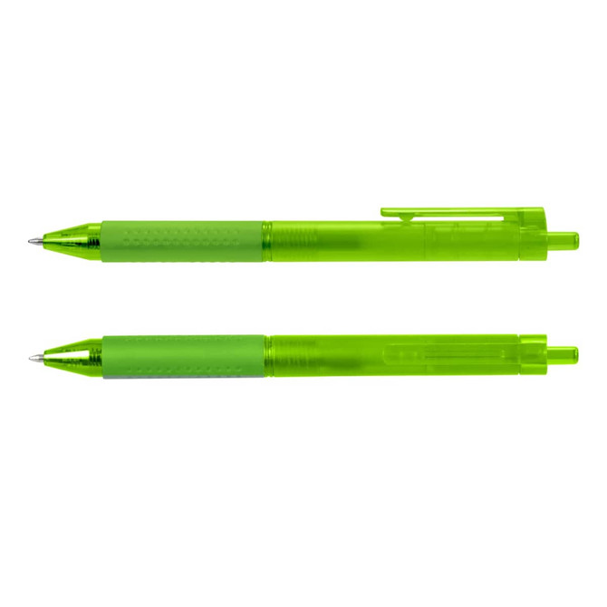 A bright green gel pen featuring a translucent barrel and a clip, with a branding logo present.