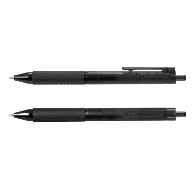A black Flow Gel Pen with a sleek design, featuring a clip and textured grip, alongside a capped version.