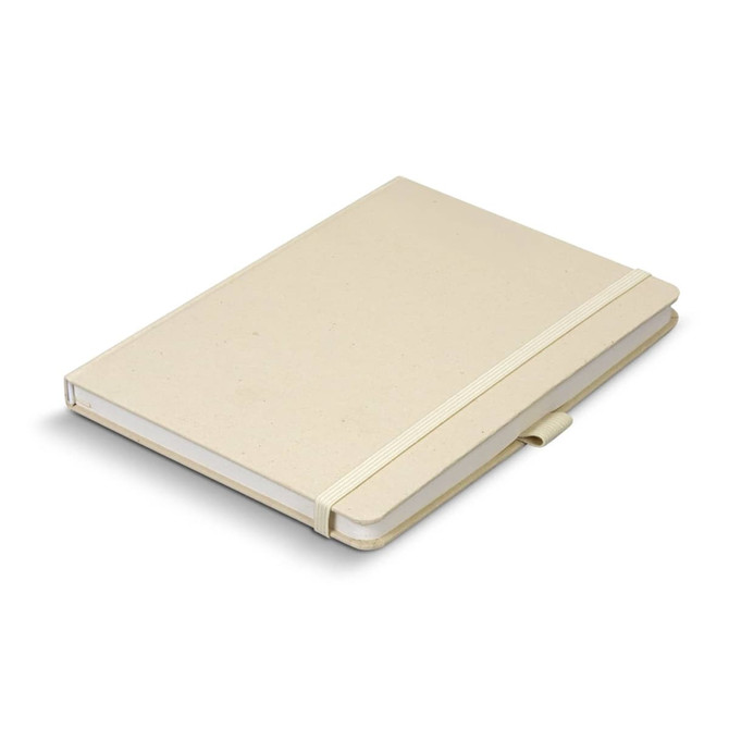 A beige hard cover notebook with a textured finish and an elastic closure. The notebook contains blank pages.