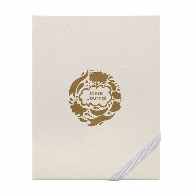 A cream-coloured journal with a gold decorative logo featuring floral designs and the words "Ideas Journal."