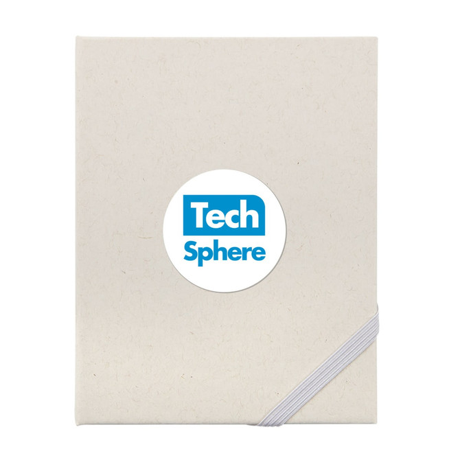 A beige planner with an elastic closure and a circular logo on the front.