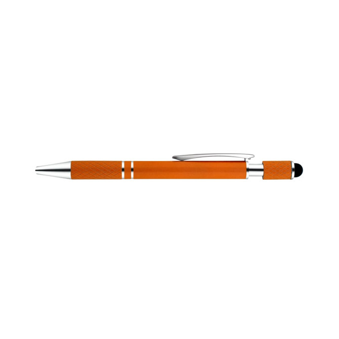 An orange spinner pen with a silver clip and accents, featuring a stylus tip. It has a sleek, modern design.