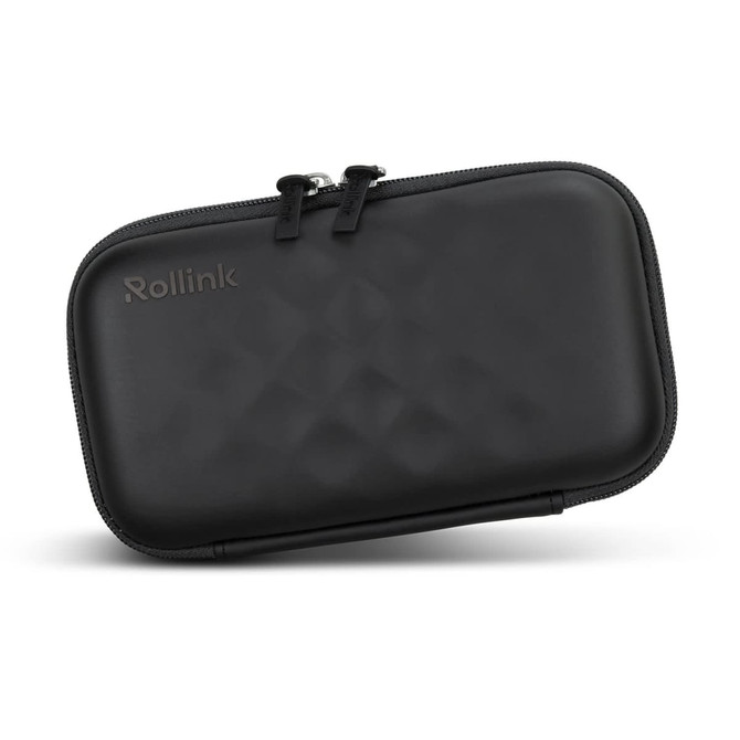 A black zippered travel pouch with a textured surface, featuring a logo on the front.