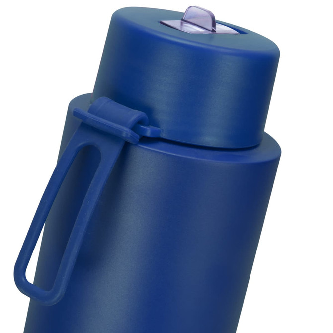 A drink bottle in a deep blue colour with a secure lid and a handle for easy carrying. It features a logo.