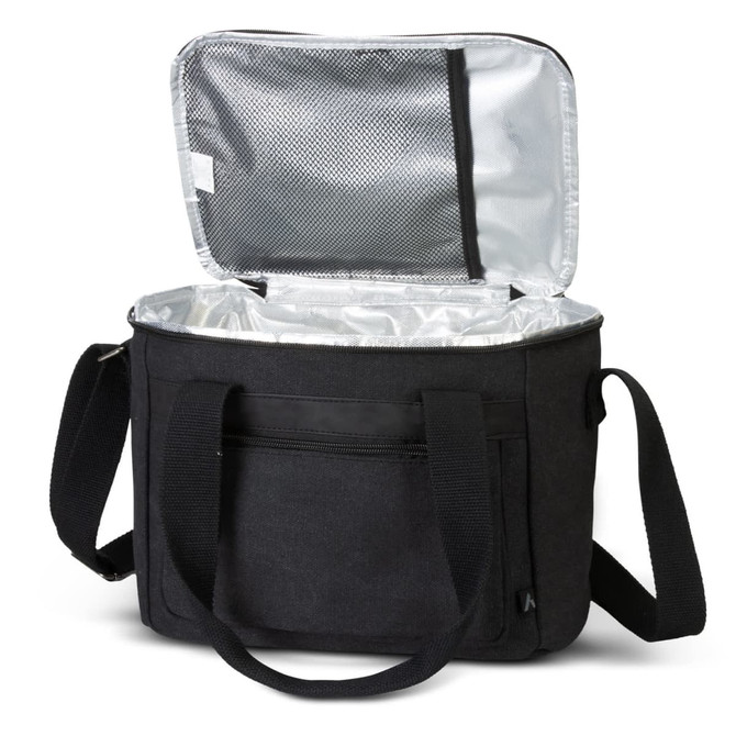 A black canvas cooler bag with a silver insulated interior and a shoulder strap, featuring an outer pocket.