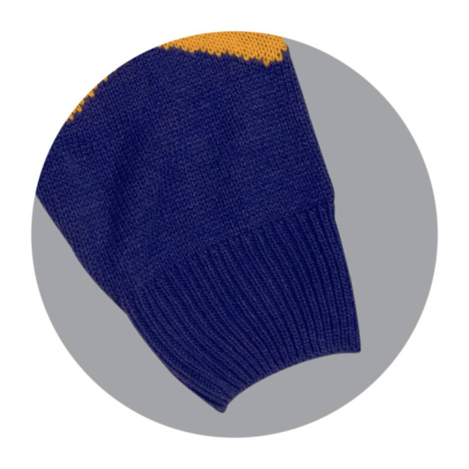 A knitted jumper featuring a navy blue body with yellow design elements on the sleeves and a ribbed cuff.