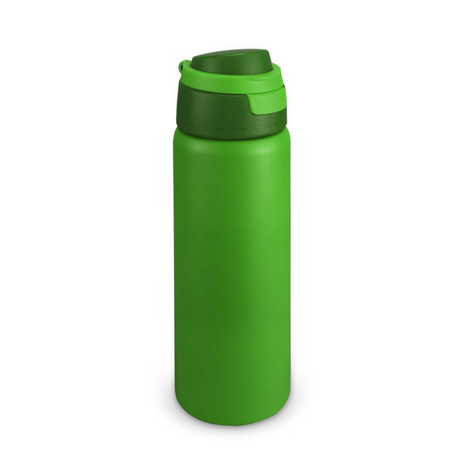 A drink bottle in vibrant green with a secure, green lid and a smooth matte finish, featuring a logo.