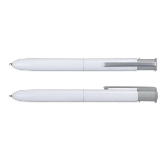 A white pen with a grey clip and a smooth design, featuring a logo on the body. Two pens are displayed.