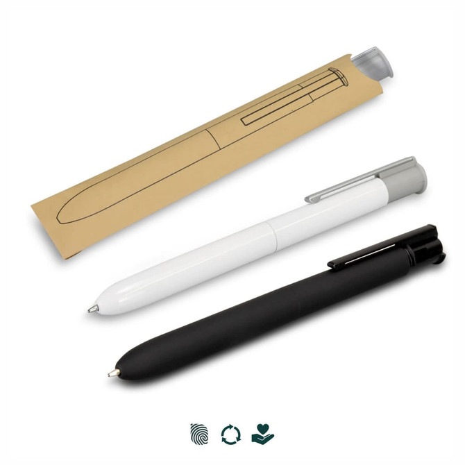 A set of three metal pens in black, white, and grey, displayed with a brown packaging. Each pen includes a clip and has a logo.