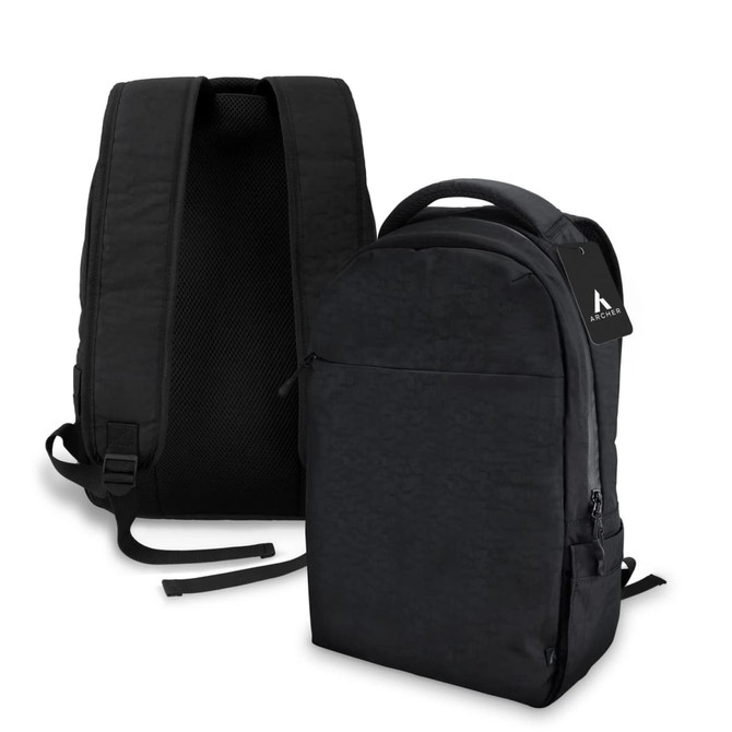 A black daily backpack with a sleek design, featuring padded straps and a logo on the front.