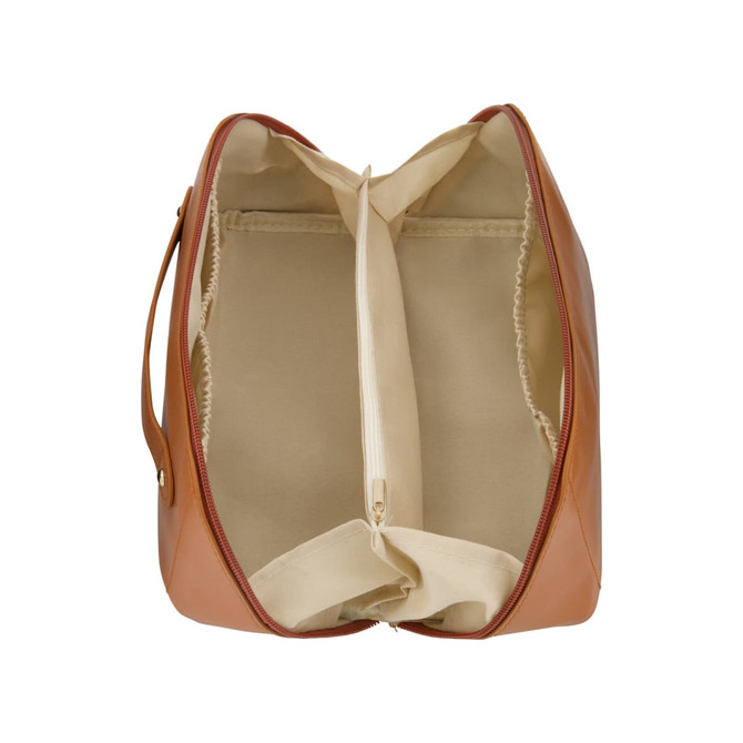 A tan toiletry bag with a zip closure featuring a cream interior and two compartments for organizing essentials.