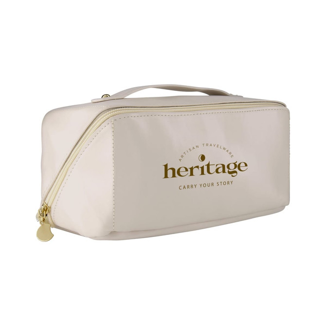 A cream toiletry bag with a gold logo, featuring a zip closure and a handle for easy carrying.