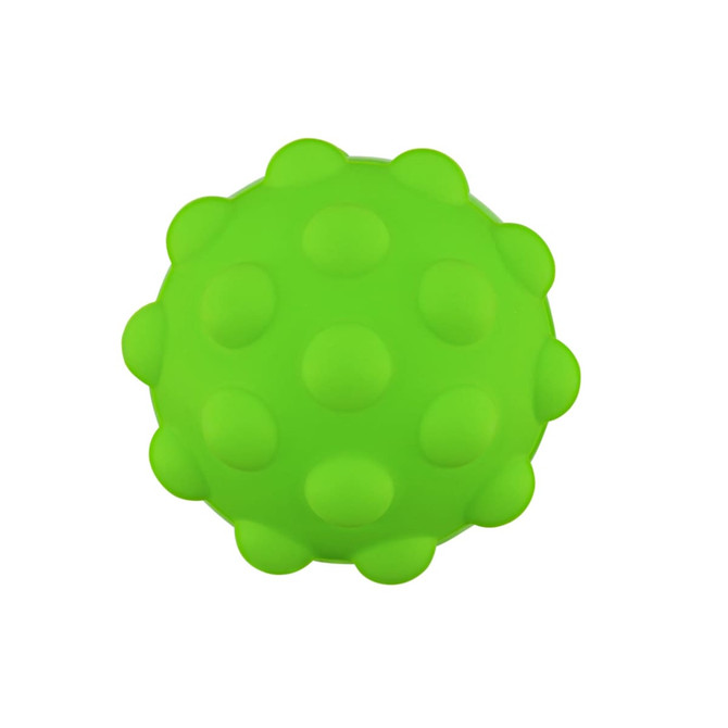 A vibrant green Popper Ball with a textured surface and rounded protrusions, featuring a logo.