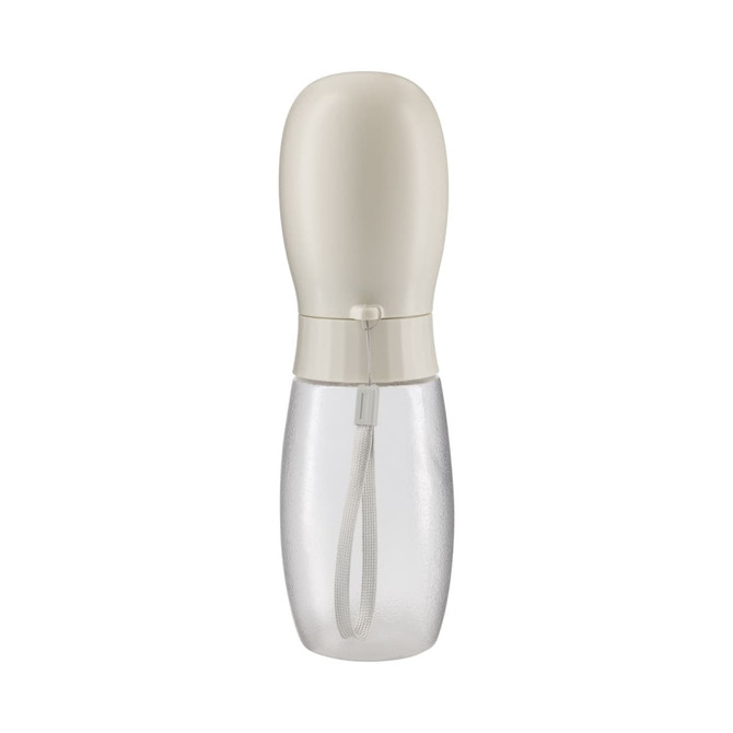 A drink bottle with a white and clear design, featuring a secure cap and a wrist strap for easy carrying.