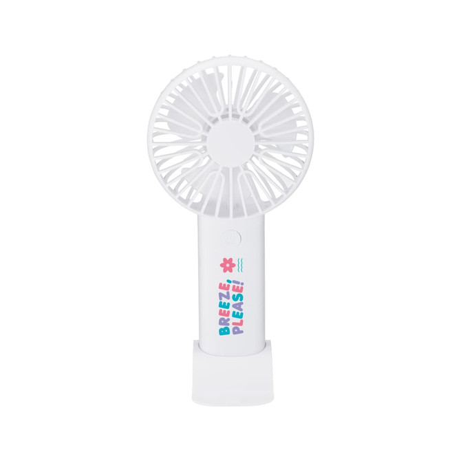 A white portable fan with a decorative logo on the handle, featuring a flower design and playful text.