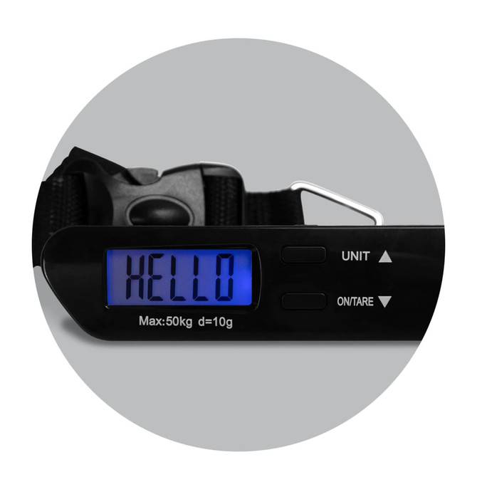 A travel luggage scale in black with a blue LCD display and a digital readout, featuring a strap and a clip.