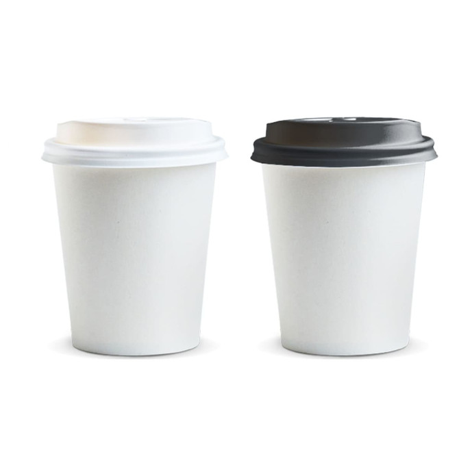 Two paper coffee cups, one with a white lid and one with a black lid, both in a plain white design.