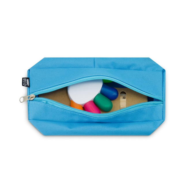 A bright blue pencil case unzipped to reveal colourful pens, a ruler, and a circular item. It features a branding logo.