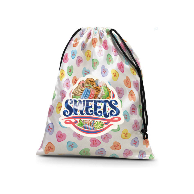 A medium satin gift bag featuring a colourful heart pattern and a sweets logo, with a drawstring closure.