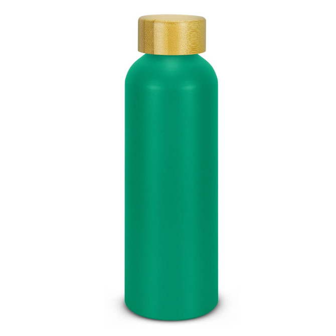 A drink bottle in a vibrant green colour with a wooden lid, featuring a logo on the side.