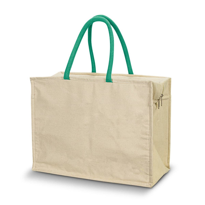 A beige cooler bag with green handles, featuring a zip closure and a simple design. It has a logo on the front.