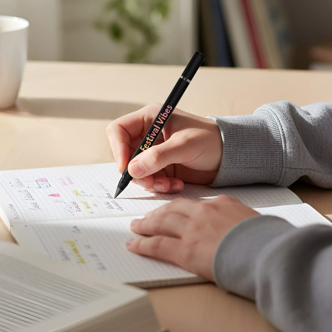 A black dual-tip pen is being used to write on a notepad. A cup and books are in the background.