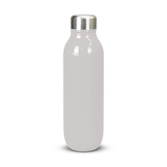 A drink bottle in a sleek white finish with a silver stainless steel lid and a smooth surface.