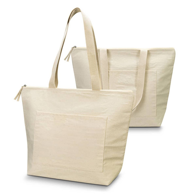 A cream-coloured cooler tote bag with a single strap and a large front pocket, featuring a logo.