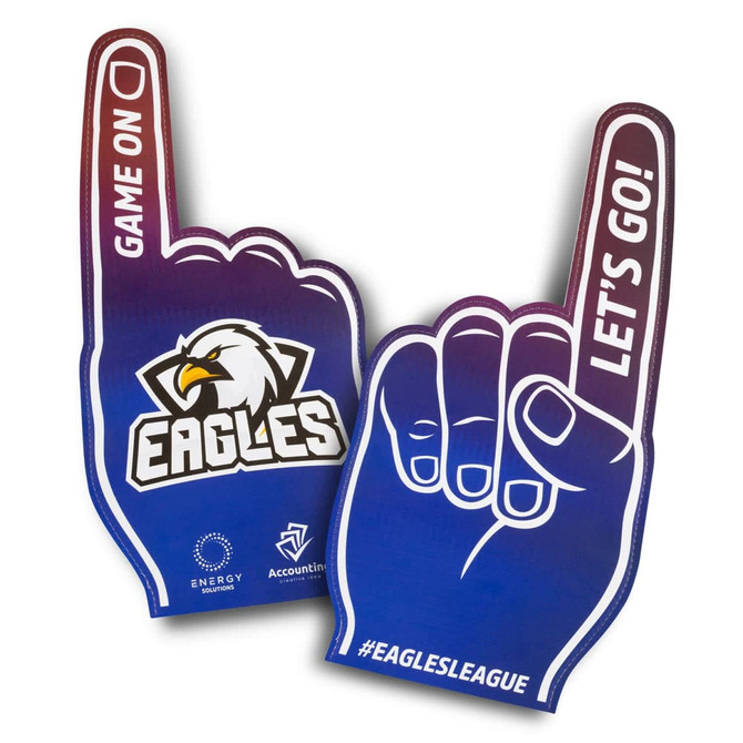 A foam hand supporter in blue and white with an eagle logo, featuring a finger pointing up and text.