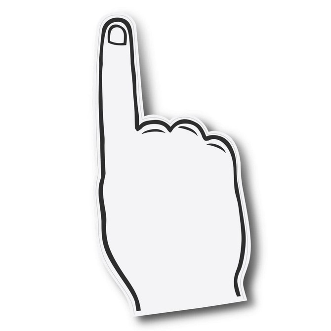 A white foam hand with a black outline, featuring an upward-pointing finger.