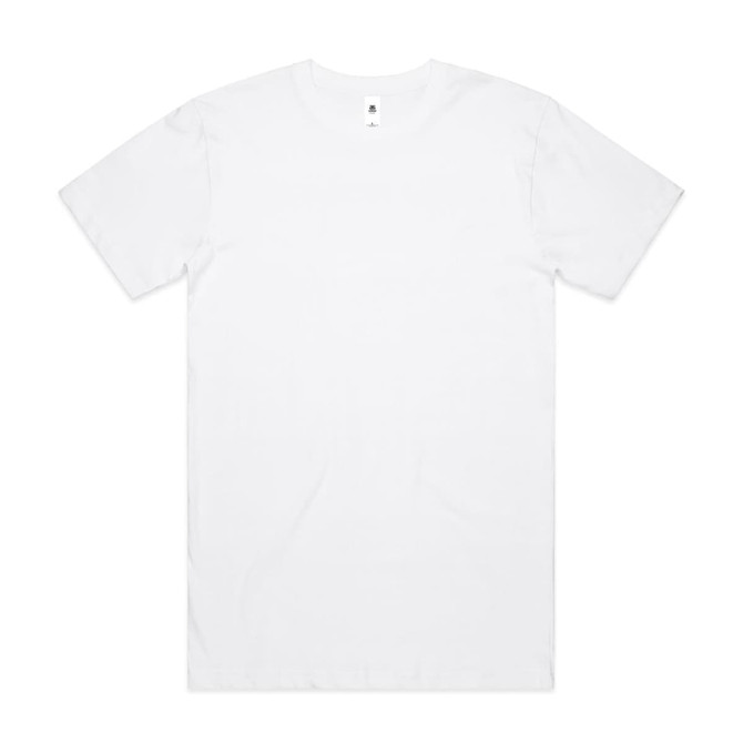 A plain white t-shirt featuring a short sleeve design and a branding label on the neckline.