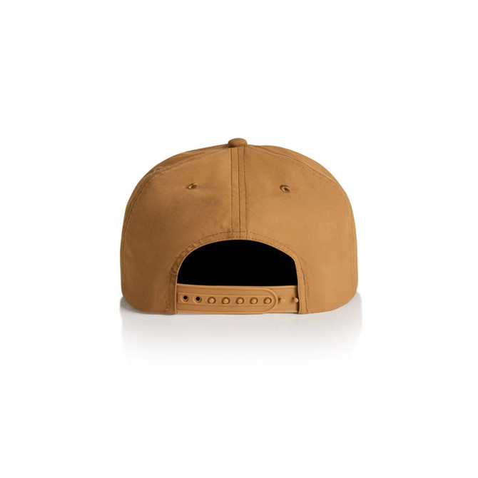 A tan cap featuring a flat brim and an adjustable strap at the back. It has a logo on the front.