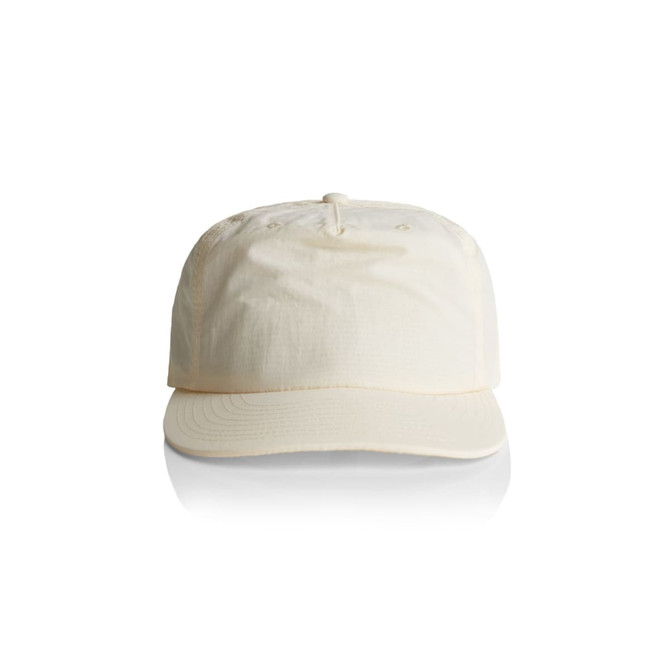 A cream-coloured cap with a curved visor and a logo on the front. The material appears lightweight and structured.