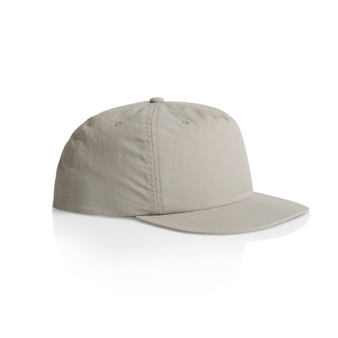 A light grey cap with a rounded crown and a flat brim, featuring a logo on the side.