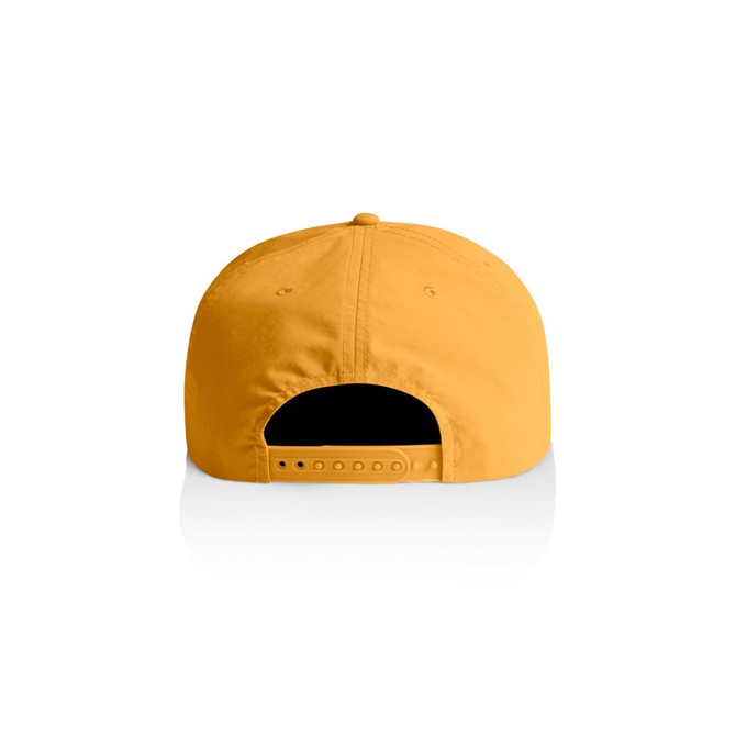 A yellow cap with a snapback closure and a logo on the back.