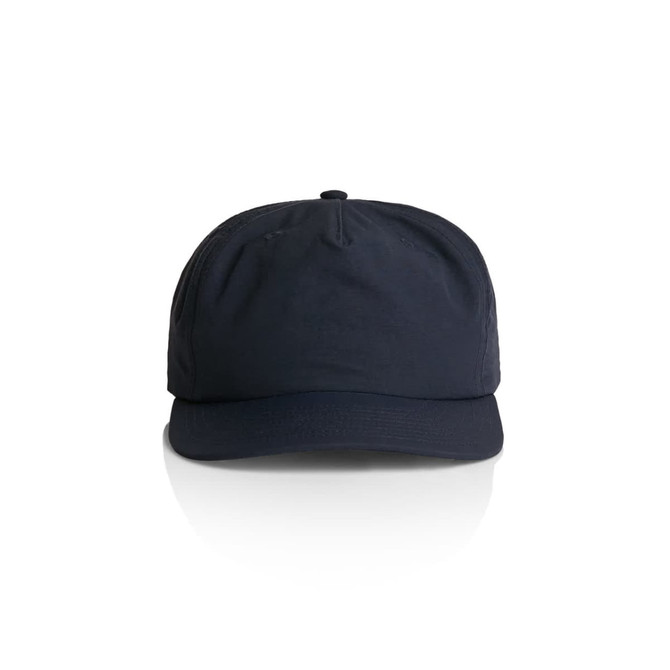 A navy cap with a rounded crown and a curved brim, featuring a logo on the front.