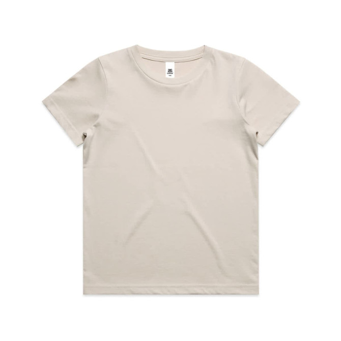 A beige kids' T-shirt featuring a classic crew neck and short sleeves, with a small logo at the neckline.