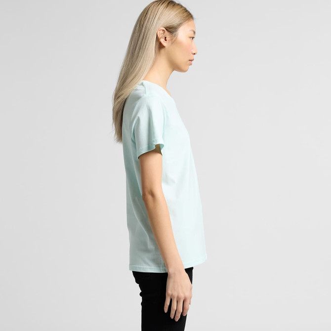 A light mint green T-shirt displayed from the side, featuring a simple design and a logo on the chest.