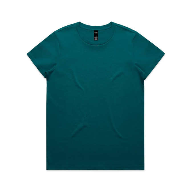 A teal T-shirt with a classic crew neckline and short sleeves, featuring a logo on the label.
