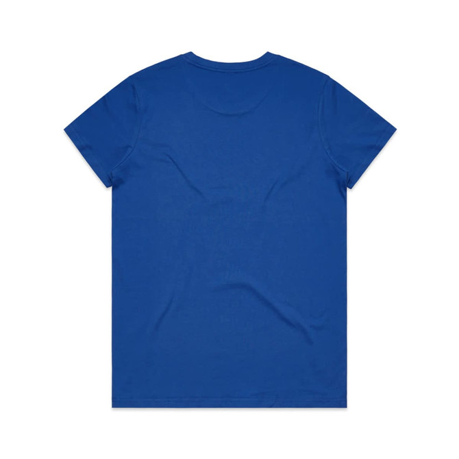 A blue t-shirt featuring a plain back design. Includes a branding logo.