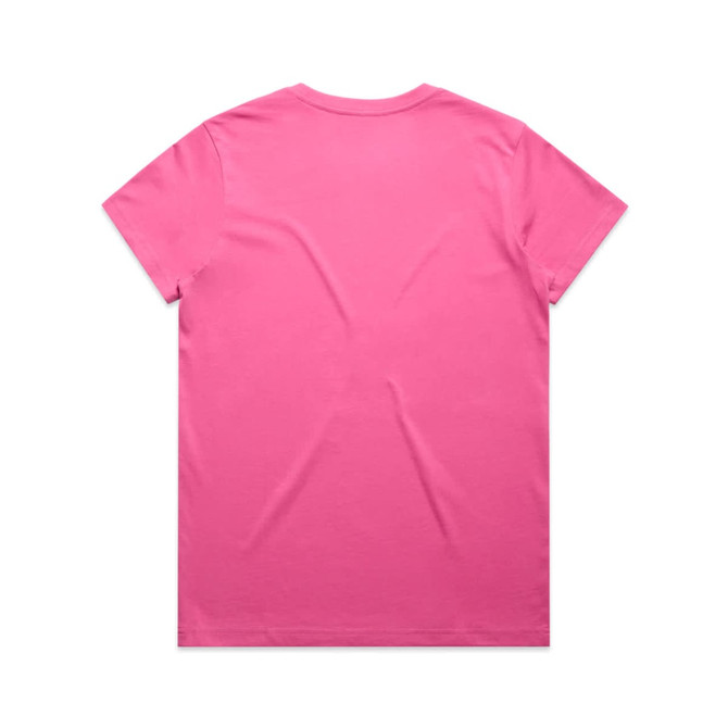 A pink t-shirt with a plain back, suitable for casual wear. It has a logo on the label.