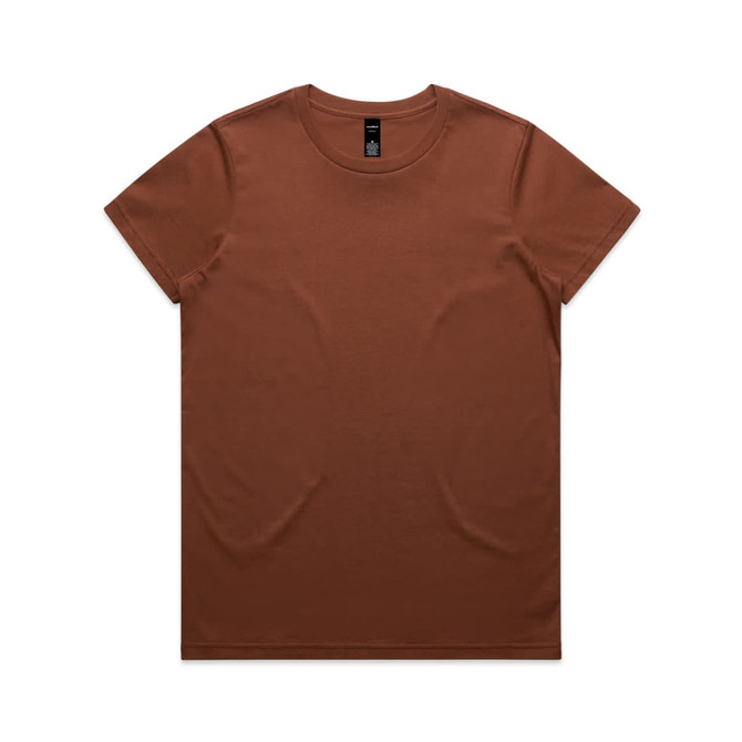 A brown t-shirt with a round neck and short sleeves, featuring a logo at the neckline.