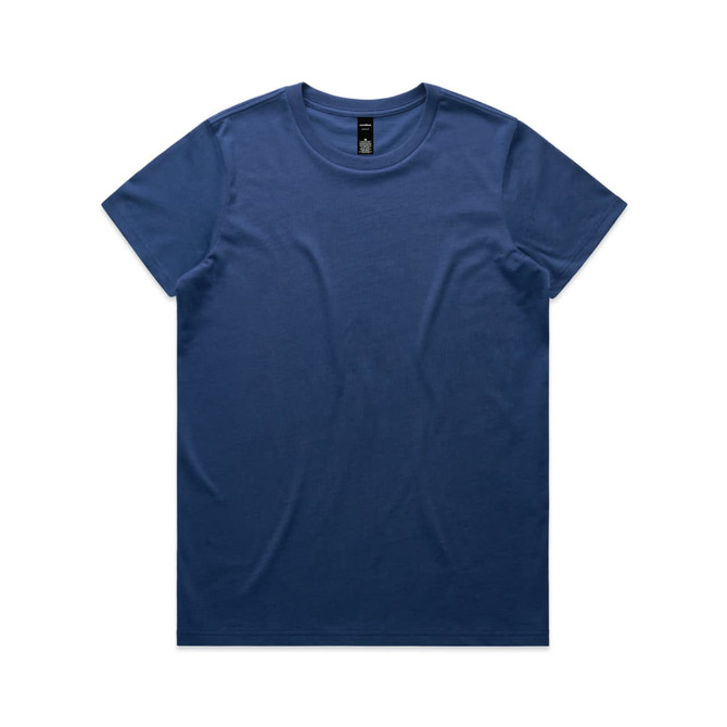 A blue t-shirt with a round neckline and short sleeves, featuring a simple design and a logo.
