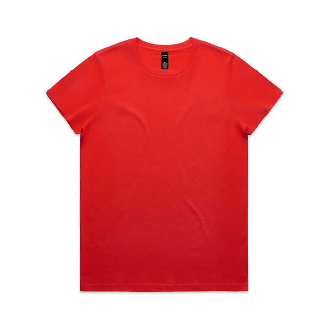 A red t-shirt with a round neckline and short sleeves, featuring a logo on the label.