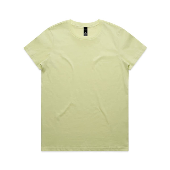 A light yellow T-shirt with a round neckline and short sleeves, featuring a branding label.