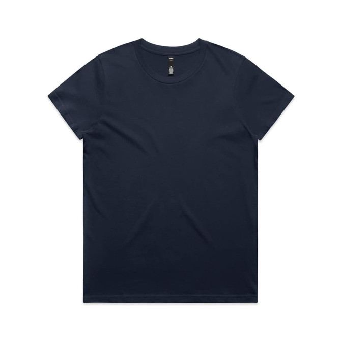 A navy blue t-shirt featuring a round neckline and short sleeves, with a logo on the inside label.