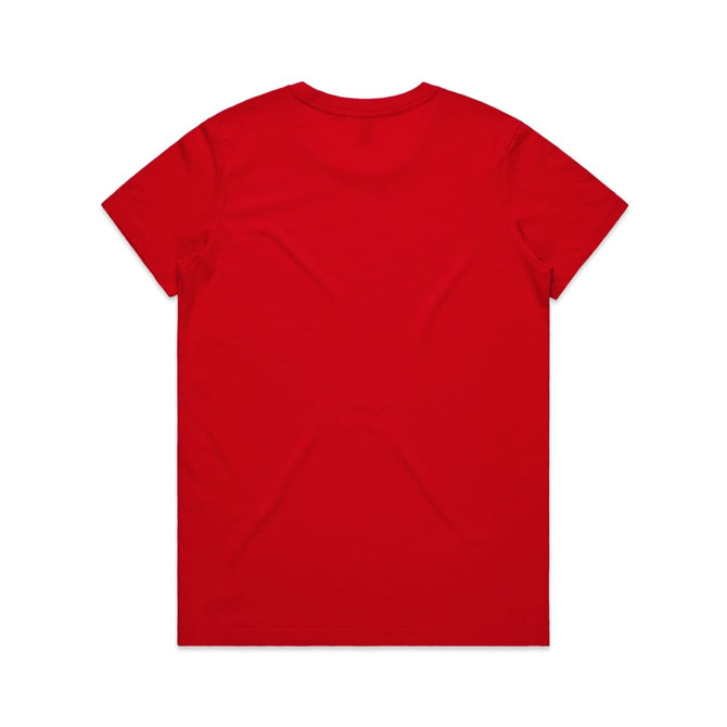 A red T-shirt featuring a plain design and a logo on the back.